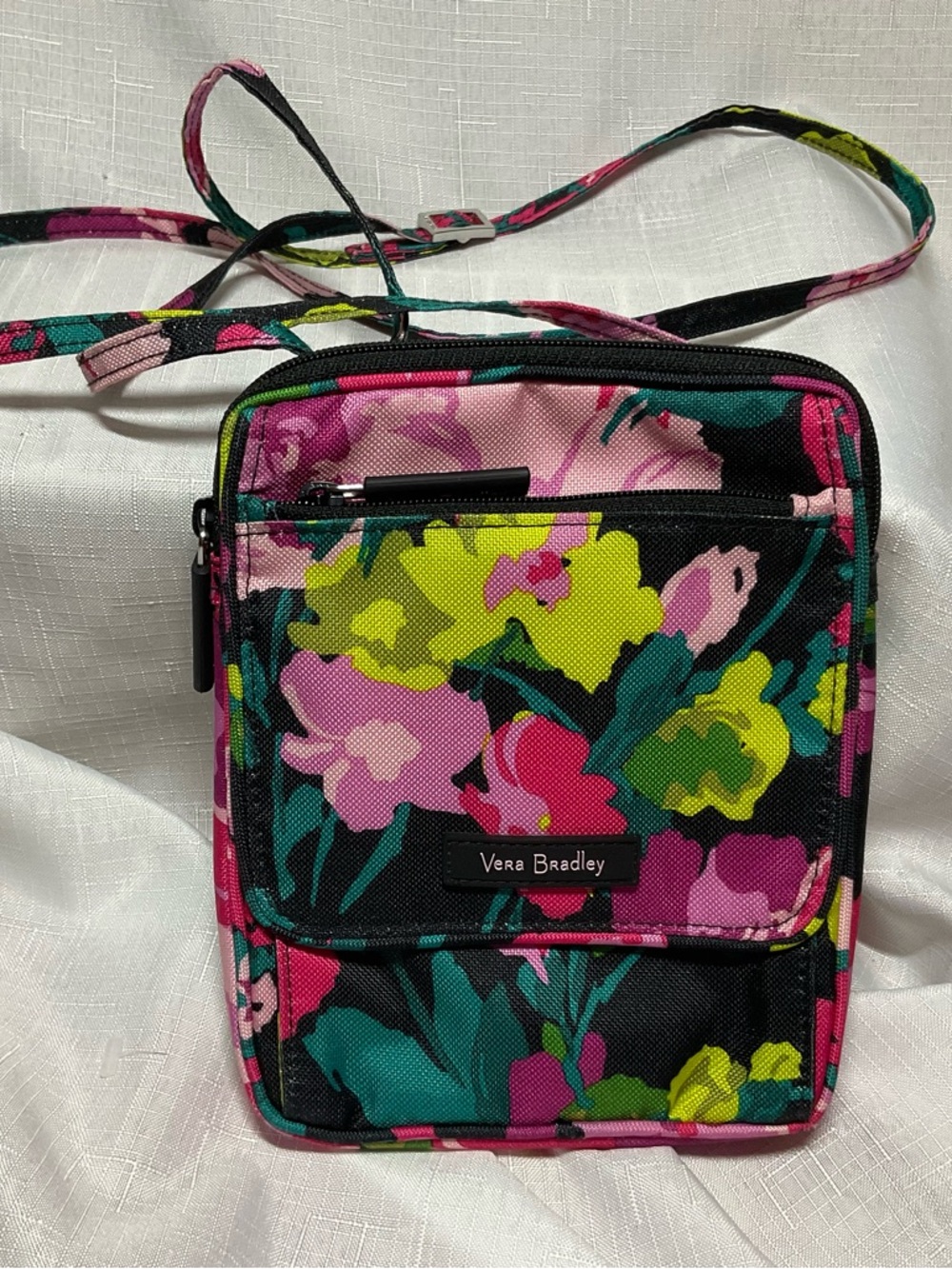 Vera Bradley Black Multi Floral Crossbody Bag with Pink & Lime Accents